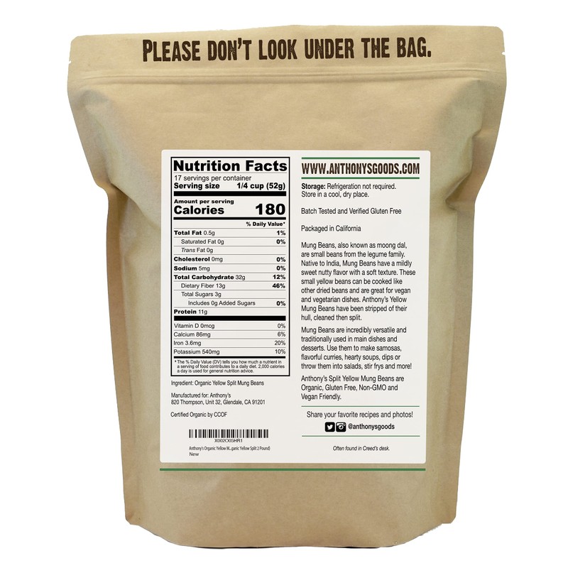 Anthony's Organic Split Yellow Mung Bean, 2 lb, Moong Dal,