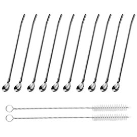 Pack of 10 Straws, Spoons, Straws, Spoons, Stainless Steel, Reusable Straw with 2 Cleaning Brushes, Suitable for Drinking, Milkshake, Smoothies, Milkshakes, Coffee