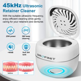 Brofinit Ultrasonic Retainer Cleaner Machine,45Khz/25W Retainer Cleaner Machine with Digital Timer,Blue Light & Drying For Dentures Aligners Braces Mouth Guards Night guard
