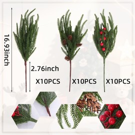 Abzo 30Pcs Christmas Pine Branches 18 Inch Artificial Norfolk Pine Branches Realistic Artificial Green Pine Stem Christmas Decor DIY Crafts Garland Wreath Holiday Accessories