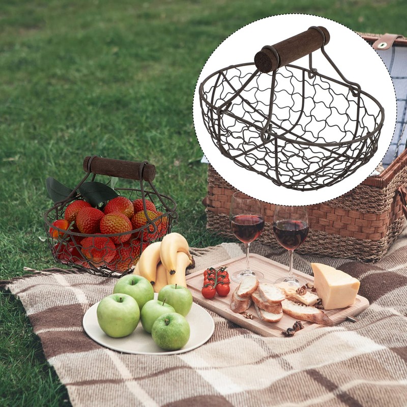 Tofficu Antique Wire Egg Basket with Wood Handle Primitives Vintage