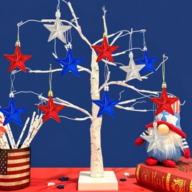 4th of July Ornaments for Tree 24 PCS, Fourth of July Star Decorations Party Accessories for Home, Patriotic Red Sliver Blue Hanging Decor for Indoor Outdoor,Independence Memorial Day Gifts for Mantel