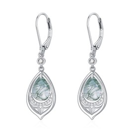 EKJQB 925 Sterling Silver Natural Moss Agate Earrings for Women White Gold Plated Green Teardrop Moss Agate Dangle Earrings with Moissanite, Jewelry Gift for Her
