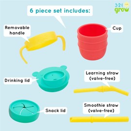 321 Grow Easy Learn Drink and Snack Set – Silicone Learning Cup for Baby + Toddler – Dishwasher Safe (Watermelon)