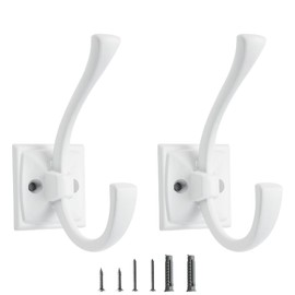 CABDM 2 Pack Decorative Heavy Duty Towel Hooks for Hanging Robe Double White Coat Hooks Wall Mounted with Screws for Key, Towel, Bags, Cup, Hat