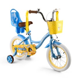 RULLY 16 Inch Girls Bike with Training Wheels, Blue Kids Bicycle with Basket & Doll Seat for 4 5 6 7 Years Old Toddlers, Children's Bicycle for Beginners