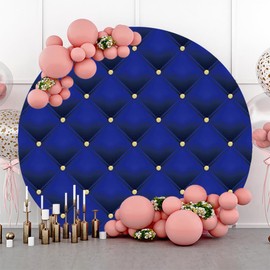 Renaiss 7.2x7.2ft Royal Blue Round Backdrop Cover Gold Diamonds Blue Tufted Checks Circle Photography Background Welcome Newborn Wedding Baby Shower Grad Birthday Party Decor Arch Photo Booth Props