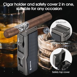USEWIRE Cigar Lighter and Ashtray Set, Quad Windproof Jet Flame, with Cigar Holder and Cigar Punch, Refillable Butane Gas Lighter, Multifunctional Cigar Accessories Gift Set