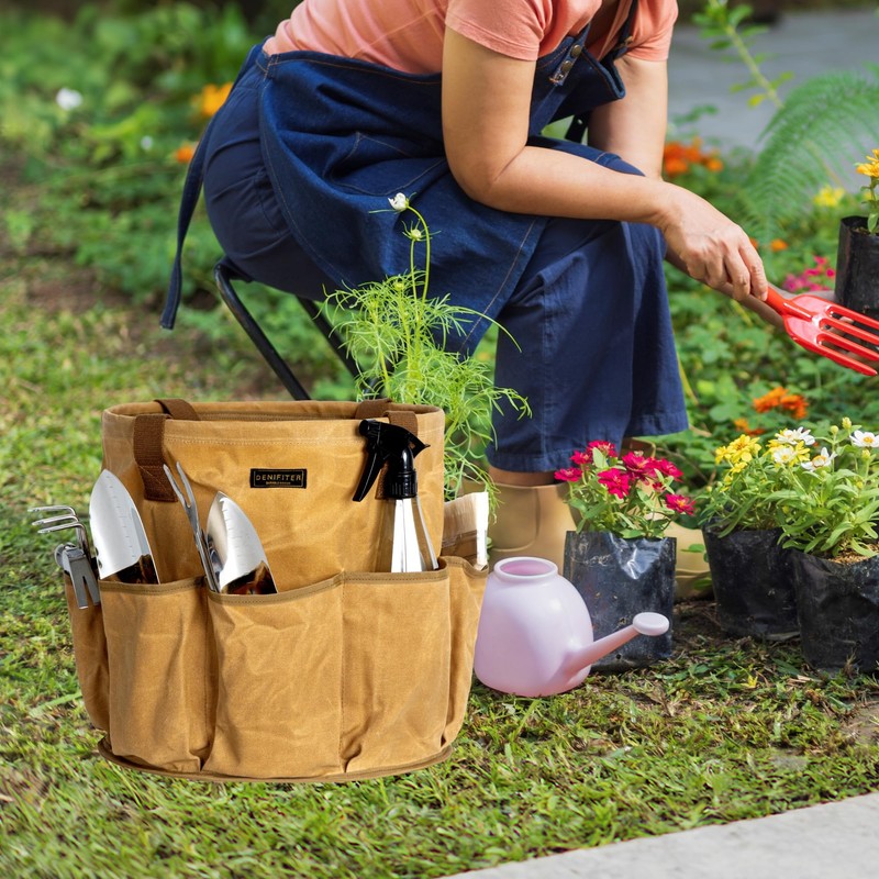 Heavy-Duty 16oz Waxed Canvas Garden Tool Tote with Handle, Wide-Mouth