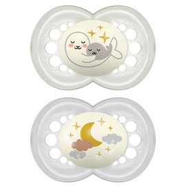 MAM Night Pacifiers (2 Pack, 1 Sterilizing Pacifier Case), MAM Pacifiers 6+ Months, Best Pacifier for Breastfed Babies, Glow in the Dark Pacifier, Baby Unisex Pacifiers(Design may vary)