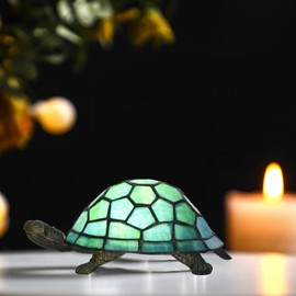 HomeBeauty A0019 Turtle Tiffany Style Accent Table Lamp Handmade Stained Glass Animal Night Light for Bedside Livingroom Bedroom Home Decoration