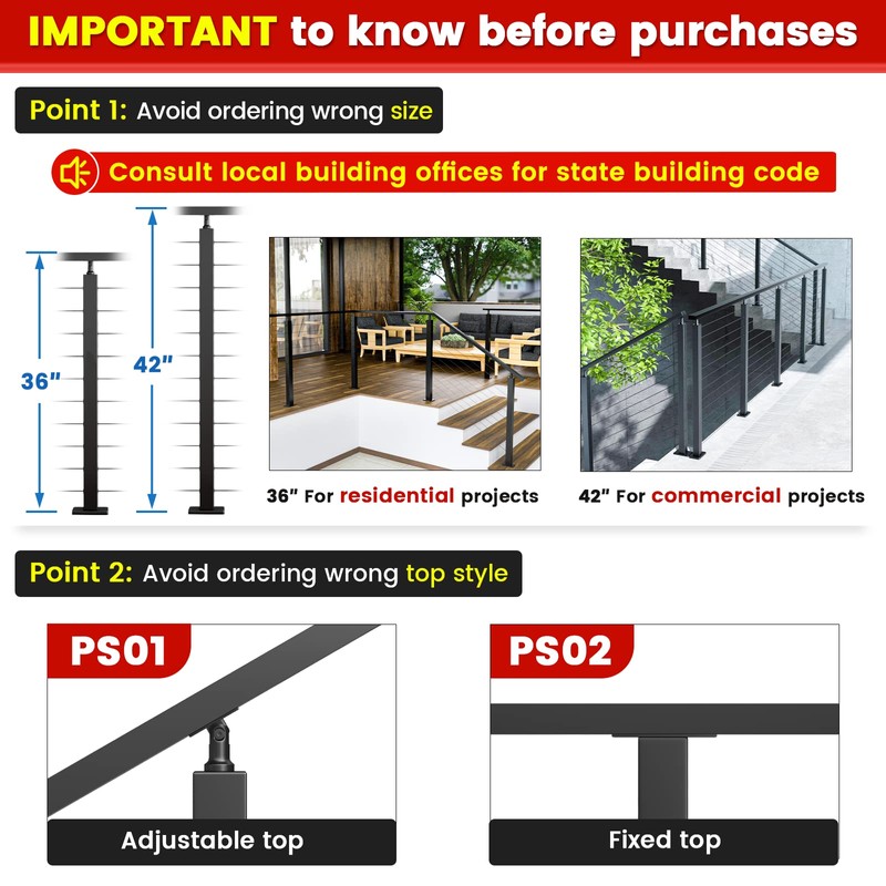 Muzata 30°-drilled Stair Post 42"x2"x2"(Post Body 39") Adjustable Top Cable