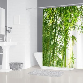 M&W DAS DESIGN Shower Curtain Bamboo Textile Curtain Green Exotic Bamboo Tree Forest Mould Resistant Bamboo Leaf Colourfast Includes 12 C-Rings Weight Bottom