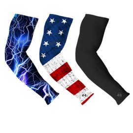 SA Arm Sleeves - 3 Pack Arm Shields American Flag, Black Small Shield, Blue Lightning Compression Arm Sleeves for Men, 3 Arm Sleeves