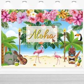 Hawaiian Aloha Party Backdrop,210 x 180cm Summer Luau Beach Fiesta Party Decoration Backdrop Flower Photography Wall Background Tablecloth Hawaiian Banner for Aloha Tiki Birthday Party Supplies