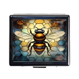 7 Days Chromed Shiny Silver Pill Organizer with Mirror Inside Has 8 Separate Compartments Rectangle 7 Days Pill Box Pill Case (Bee Stained Glass)