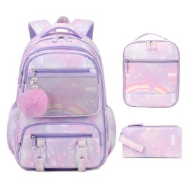 EYRXK Butterfly Rainbow Backpack Cute, Large Capacity Kids' School Bag with Lunch Box, Multifunctional Stylish Laptop Travel Backpack for Boys and Girls (Purple-17.5inch)