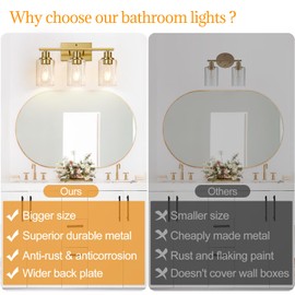 3-Light Vanity Lights with Clear Glass Shades, Brushed Gold Bathroom Light Fixtures Over Mirror, Modern Bathroom Wall Lamp for Mirror Living Room Cabinet Bedroom Porch