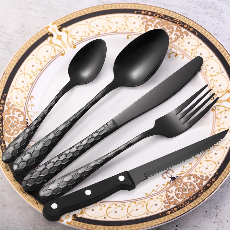 30 Pcs Black Hammered Silverware Set Service for 6,with Steak