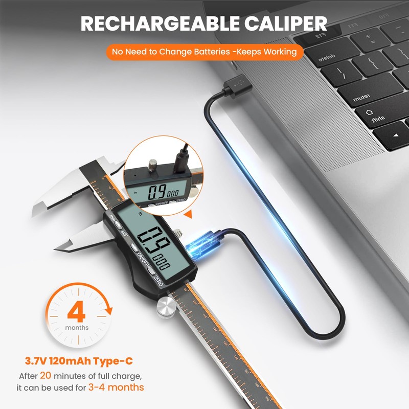 HARDELL Digital Caliper, Rechargeable 0-8 Inch Calipers Measuring Tool with