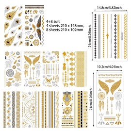 12 Sheets Flash Tattoos Gold, Metallic Festival Temporary Tattoo, Gold Silver Tattoo Stickers Women, Suitable for Body Art, Festive Tattoos on Arms, Chest, Hind Legs