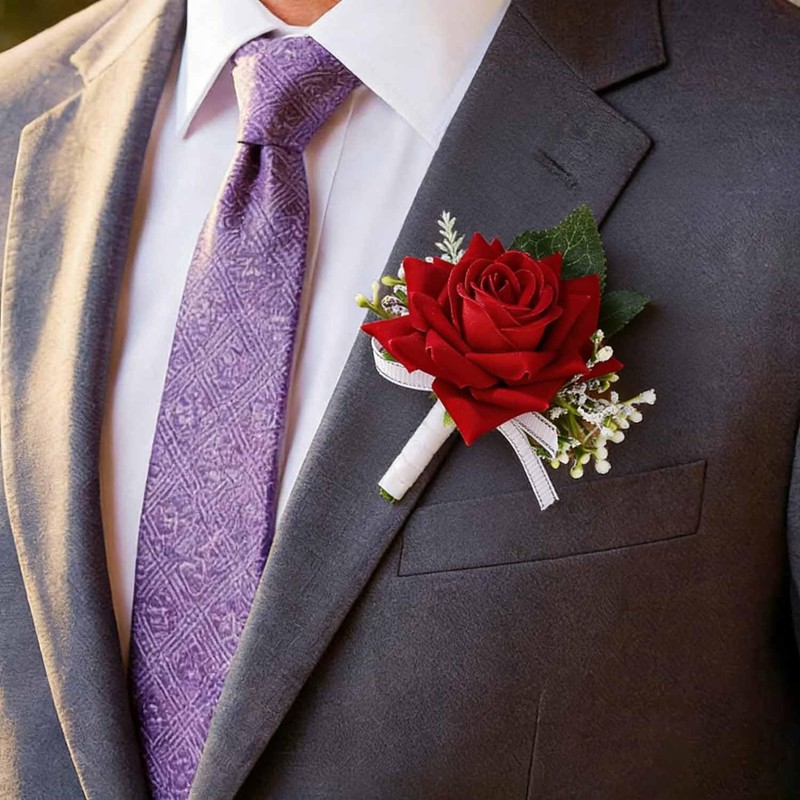 Latious Rose Wedding Boutonniere White Groom Flower Buttonholes for Men