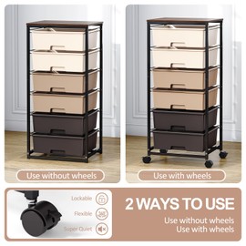 Rolling Storage Cart with Drawers,Utility Cart with 6 Large Drawers and Wooden Tabletop,Craft Storage Cart with Lockable Wheels for Bedroom, Office, Classroom, Kids'Room, Living Room, Brown