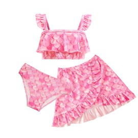 Girls Mermaid Swimsuit 3 Piece Bathing Suits, Adjustable Ruffled Bikini Top, with Cover up Skirt Fish Scale Design for 3-10Y