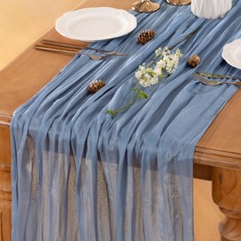 LINXTAR Dusty Blue Valentine's Day Table Runner Cheesecloth Table Runner 10ft Rustic Spring Table Runner 35 x 122 Inches Boho Decoration for Home Wedding Baby Shower Birthday Party