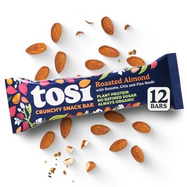Tosi Almond Protein Bars, Plant Based with Nuts, Gluten-Free Crunchy Snacks, Vegan, Organic, Flax & Chia Seeds, Soy-Free, Omega 3s, 5G Protein, 1 oz, 12-Pack
