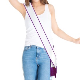 Party to Be Plain Sash with Tassels Blank Satin Sash for Adults 3.9" Wide x 74.8" in Total Length (White with purple border)