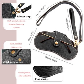 TORMEN Portable Soft Leather Sunglasses Case Glasses Holder Portable with Keychain Hook Lightweight Slim Metal Snap Closure Versatile Eyeglass Pouch for Types(Black wrist and neck strap)