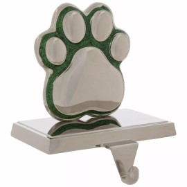 The Christmas Shoppe Green Glitter Silver Paw Print Metal Stocking Holder
