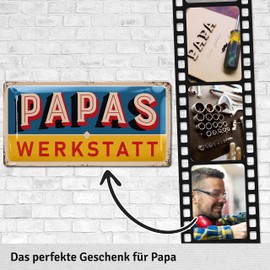 LANOLU Tin Sign Papas Workshop - Sign Papas Service - Birthday Gift or Father's Day Gift Sign for Dad - Funny Retro Decoration with Saying 17 x 34 cm
