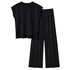 Veriliss Two Piece Outfits for Women Co Ord Sets Knited Sweater Set Tracksuit Pullover Tops Elastic Waisted Pants Lounge Wear (Black,L)