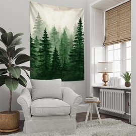 Flysea Green Mountain Tapestry Misty Foggy Forest Watercolor Tree Landscape Art Wall Hanging Nature Scenery Vertical Small Large Long Aesthetic for Bedroom Living Room Backdrop Decor 40×60 inch