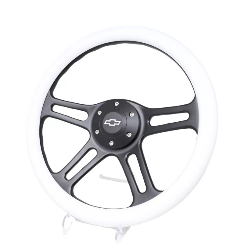 New World Motoring 14" 4 Spoke Black Steering Wheel WHITE