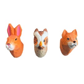 Wall Hooks, Forest Animals, Animal Heads, Wooden Coat Hooks, Set of 3: Owl, Rabbit, Fox, 9-11 x 8 cm