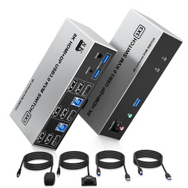 8K@60Hz USB3.0 2 Displayport+HDMI KVM Switch Triple Monitor 2Computer, 2PC Share 3Monitors (HDMI+2 Displayport) KVM Switch with Audio Microphone and 3USB Ports, HDMI+2 DP Monitor Switch for 2PC