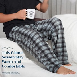 Active Club Mens Sleep Pajama Pants -Mens pajama Bottoms-Mens fleece Lounge Pants (Grey & Black Plaid, Large)