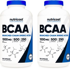 Nutricost BCAA 1000mg, 500 Capsules (250 Serv), 2:1:1 Branched Chain Amino Acids (500mg of L-Leucine, 250mg of L-Isoleucine and L-Valine) (2 Bottles)