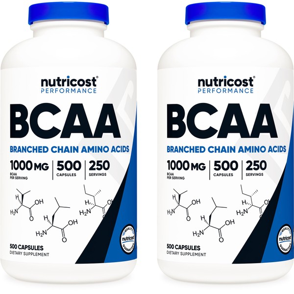 Nutricost BCAA 1000mg, 500 Capsules (250 Serv), 2:1:1 Branched Chain Amino Acids (500mg of L-Leucine, 250mg of L-Isoleucine and L-Valine) (2 Bottles)