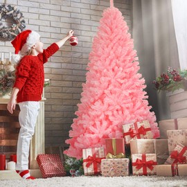 HAPPYGRILL 7.5FT Artificial Pink Christmas Tree with Stand New PVC Material Rich Thicken Tips Christmas Festival Decoration