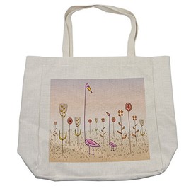Lunarable Exotic Shopping Bag, Abstract Landscape with Fantasy Flowers Flamingos Wildlife Theme, Eco-Friendly Reusable Bag for Groceries Beach and More, 15.5" X 14.5", Cream