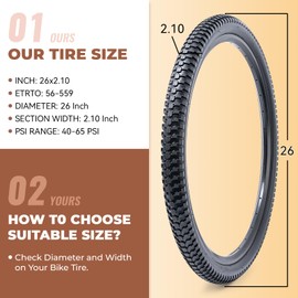 2 Pcs, 26x2.10 Bike Tires, Durable Folding 26 Inch 56-559 26 x 2.10 Mountain Bicycle Tires, Replacement Bike Tires for Mountain Cruiser Bicycle, Clincher