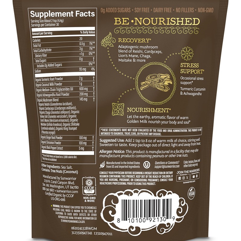 Organic Golden Milk Powder Ashwaghanda Turmeric Curcumin 90g pouch (30