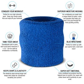 Suddora Wrist Sweatbands, Absorbent and Breathable Thick Cotton Bands for Working Out, Gymnastics, Basketball, Tennis, and Football, Multiuse Wristbands for Costumes and Cosplay, Blue
