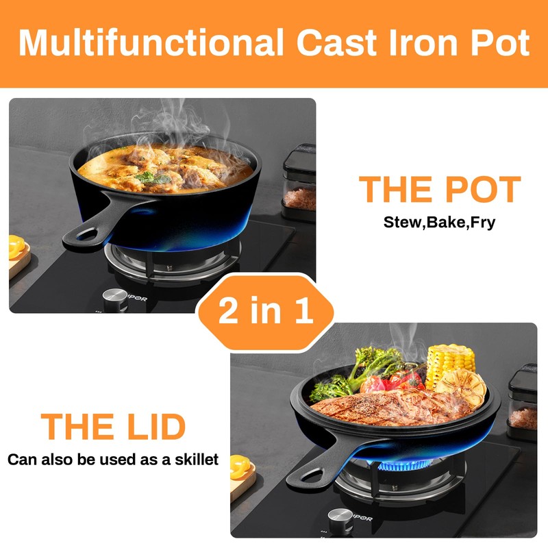 LIFERUN Cast Iron Skillet with Lid - 2-in-1 Multi-Cooker: Deep