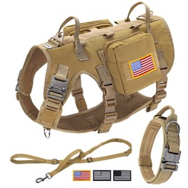Forestpaw Tactical Dog Harness for Large Dogs,Tactical Dog Collar with Bungee Leash Set,No Pull Military Dog Harness for Walking Training,Adjustable for Medium Large Dogs,Khaki,Chest 15.5-25.5"