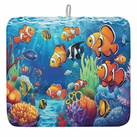 Sea Underwater World Colorful Marine Life Dish Drying Mats for Kitchen Counter,Absorbent Microfiber Dish Drainer Rack Mat Ocean Fish Coral Drying Pad for Sinks,Utensils,Countertops,18x24in